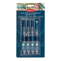 Derwent - Derwent Push Button Waterbrush Hazneli Sulu Boya Fırçası 4lü Set