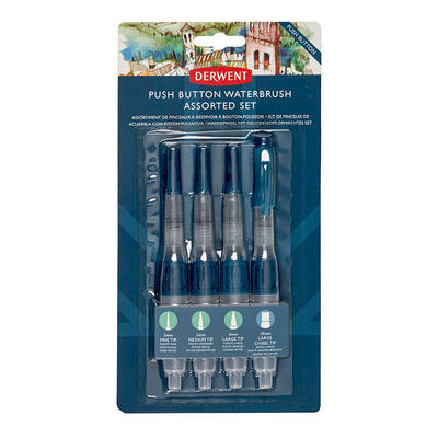 Derwent Push Button Waterbrush Hazneli Sulu Boya Fırçası 4lü Set