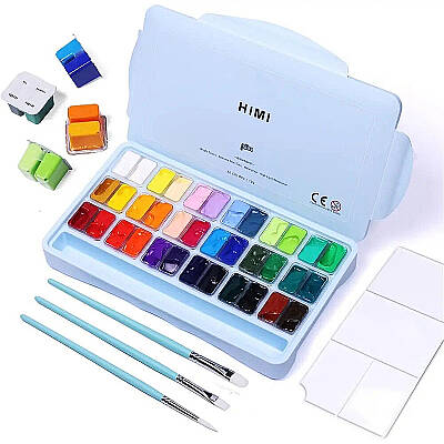 HIMI Twin Cup Gouache Set Guaj Boya Seti 36 Renk x 12g + 3 Fırça (Ice Blue Case) - 1