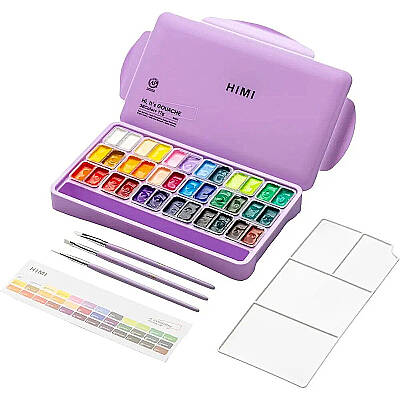 HIMI Twin Cup Gouache Set Guaj Boya Seti 36 Renk x 12g + 3 Fırça (Purple Case) - 1