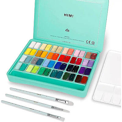 HIMI Twin Cup Gouache Set Guaj Boya Seti 48 Renk x 12g + 3 Fırça (Green Case) - 1