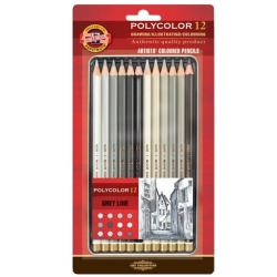 Koh-i-Noor - Koh-i-Noor Polycolor Kuru Boya Kalemi 12li Set Gri Tonlar