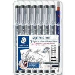 Staedtler - Staedtler Pigment Liner Siyah Çizim Kalemi 7+1 Set