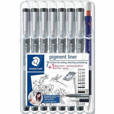 Staedtler Pigment Liner Siyah Çizim Kalemi 7+1 Set