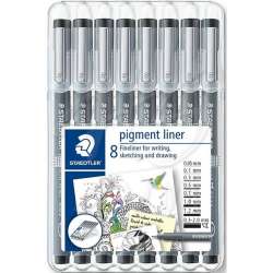 Staedtler - Staedtler Pigment Liner Siyah Çizim Kalemi 8li Set